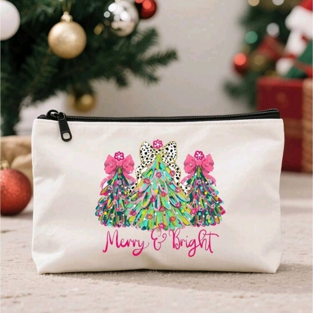 Merry & Bright Evergreen Trees With Bows Canvas Pouch Christmas Zipper Purse